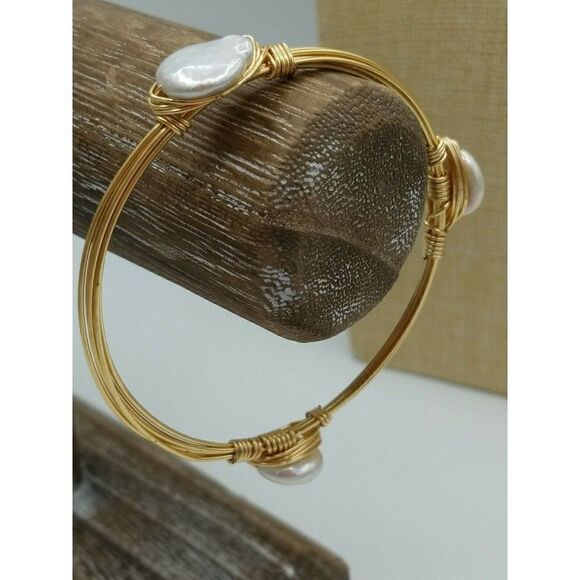 Bangle Bracelet Natural Pearls Braided Wire Gold Tone - Picture 1 of 6